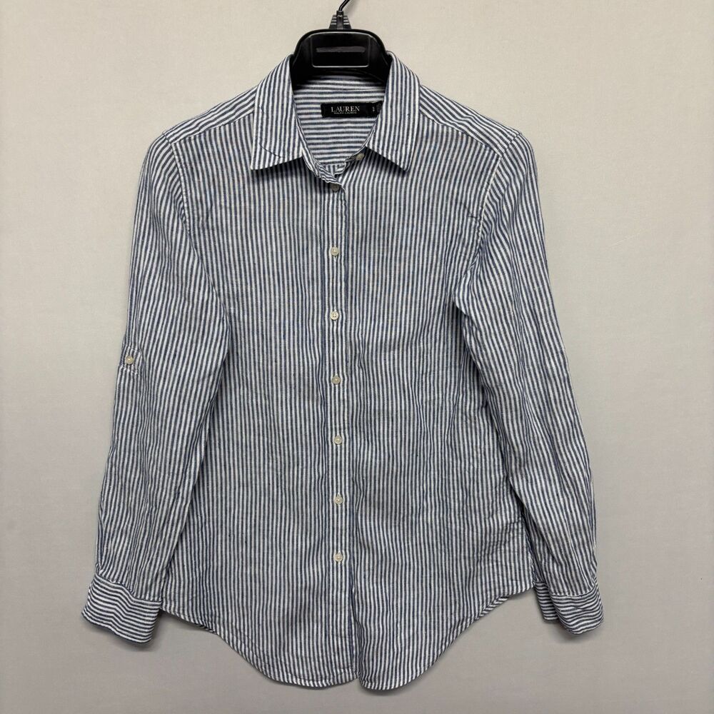 Lauren Ralph Lauren Women 100% Linen Button Shirt Top Size Small Stripes D133 -1